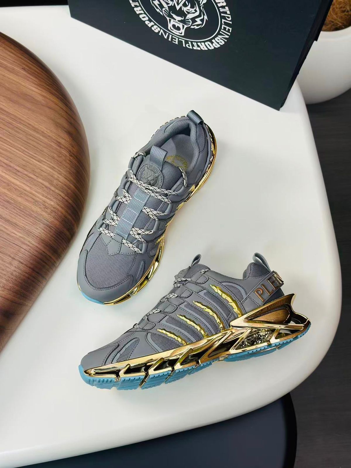 PHILIPP PLEIN || Sport Men's Thunder Gold Metallic & Grey Technical Mesh Sneakers - FASHION MYST