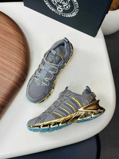 PHILIPP PLEIN || Sport Men's Thunder Gold Metallic & Grey Technical Mesh Sneakers - FASHION MYST