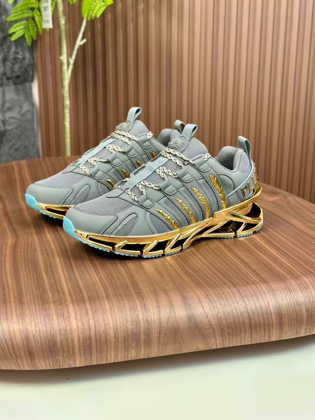 PHILIPP PLEIN || Sport Men's Thunder Gold Metallic & Grey Technical Mesh Sneakers - FASHION MYST