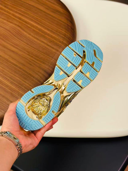 PHILIPP PLEIN || Sport Men's Thunder Gold Metallic & Grey Technical Mesh Sneakers - FASHION MYST