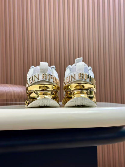 PHILIPP PLEIN || Luxury Men’s White Sneakers with Metallic Gold Sculpted Sole - FASHION MYST