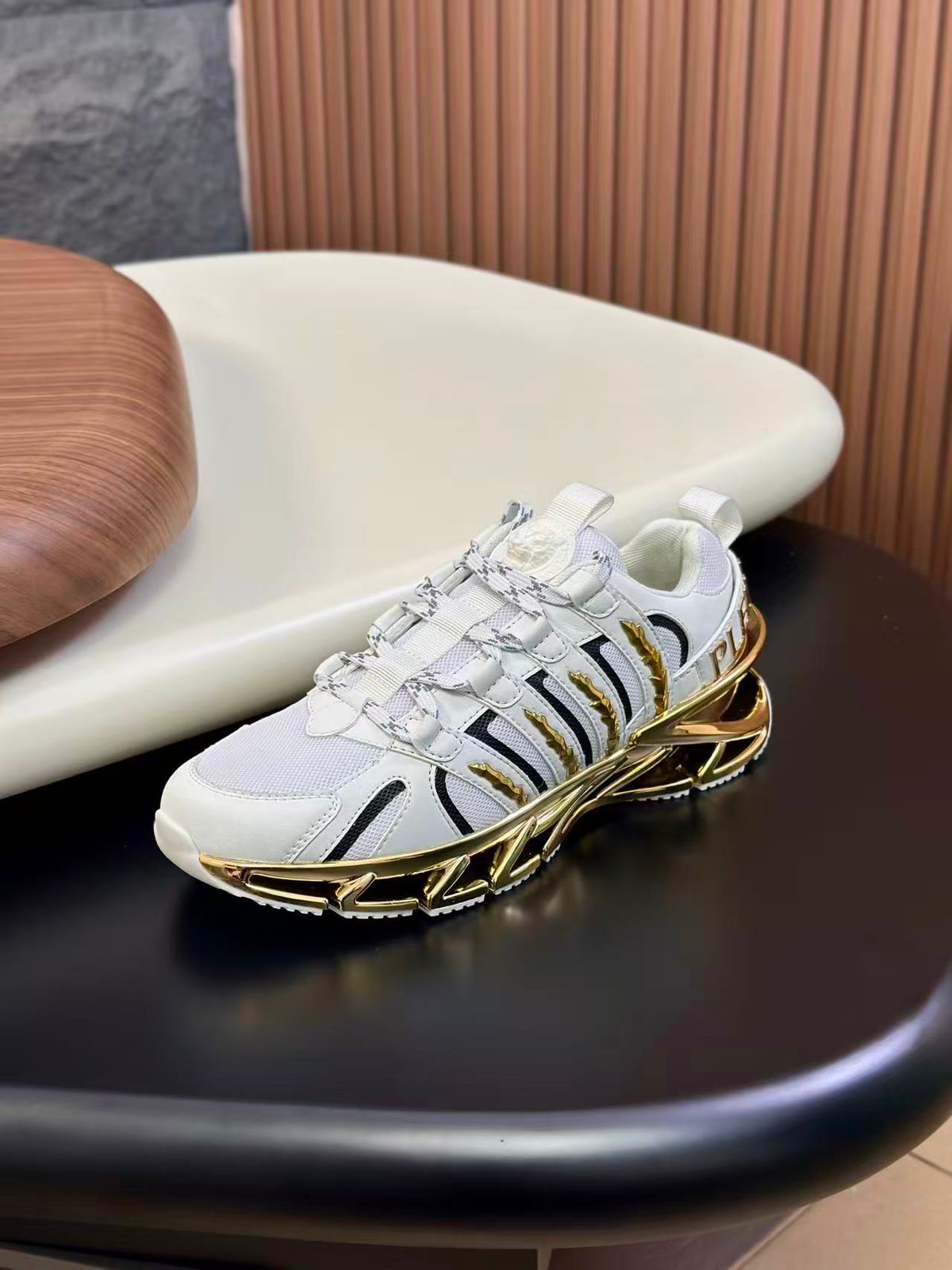 PHILIPP PLEIN || Luxury Men’s White Sneakers with Metallic Gold Sculpted Sole - FASHION MYST