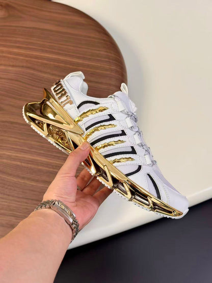 PHILIPP PLEIN || Luxury Men’s White Sneakers with Metallic Gold Sculpted Sole - FASHION MYST