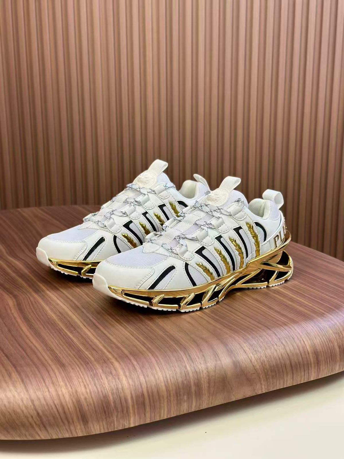 PHILIPP PLEIN || Luxury Men’s White Sneakers with Metallic Gold Sculpted Sole - FASHION MYST