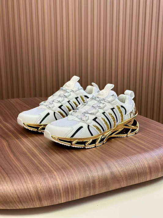 PHILIPP PLEIN || Luxury Men’s White Sneakers with Metallic Gold Sculpted Sole