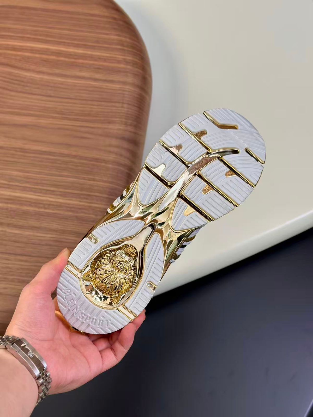 PHILIPP PLEIN || Luxury Men’s White Sneakers with Metallic Gold Sculpted Sole - FASHION MYST