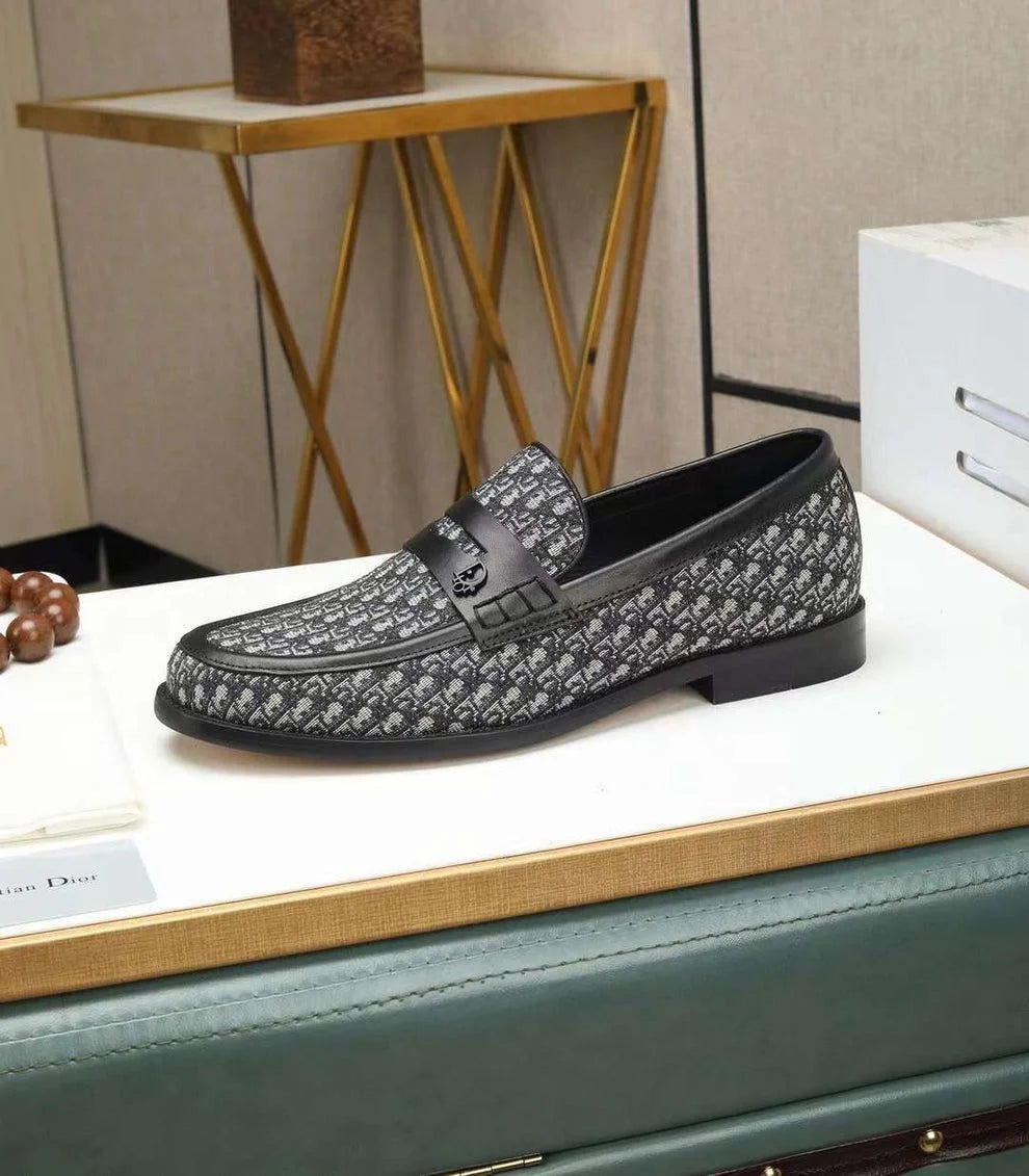 CHRISTIAN DIOR || Men’s Black and Grey Oblique Jacquard Penny Loafers - FASHION MYST