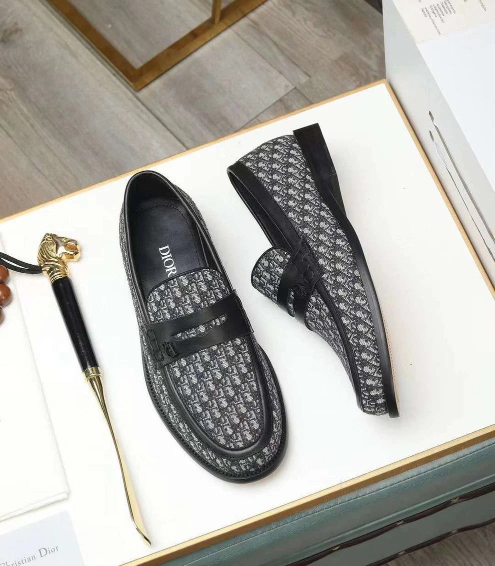 CHRISTIAN DIOR || Men’s Black and Grey Oblique Jacquard Penny Loafers - FASHION MYST