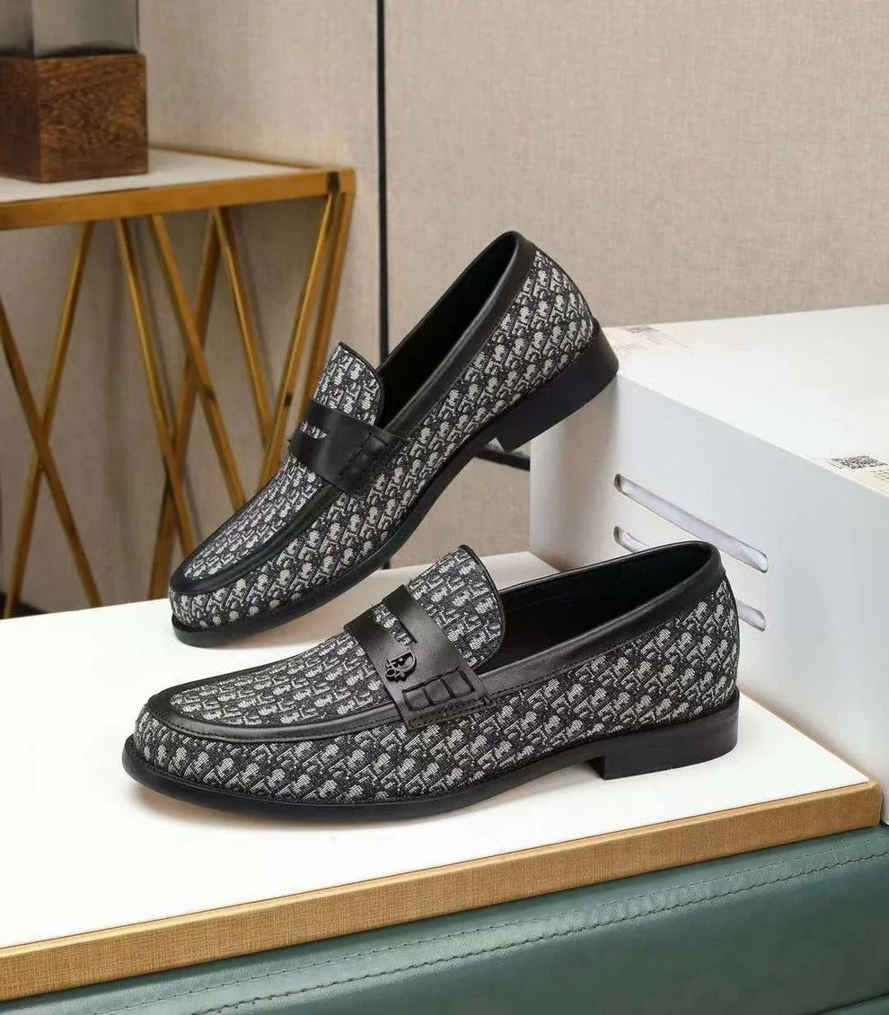CHRISTIAN DIOR || Men’s Black and Grey Oblique Jacquard Penny Loafers - FASHION MYST