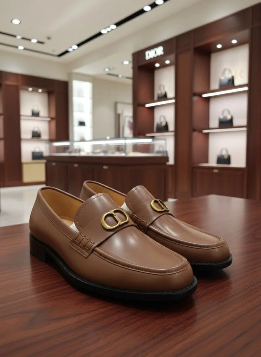 CHRISTIAN DIOR || Dior Boy Loafers in Cognac Leather with Gold-Finish CD Signature - FASHION MYST