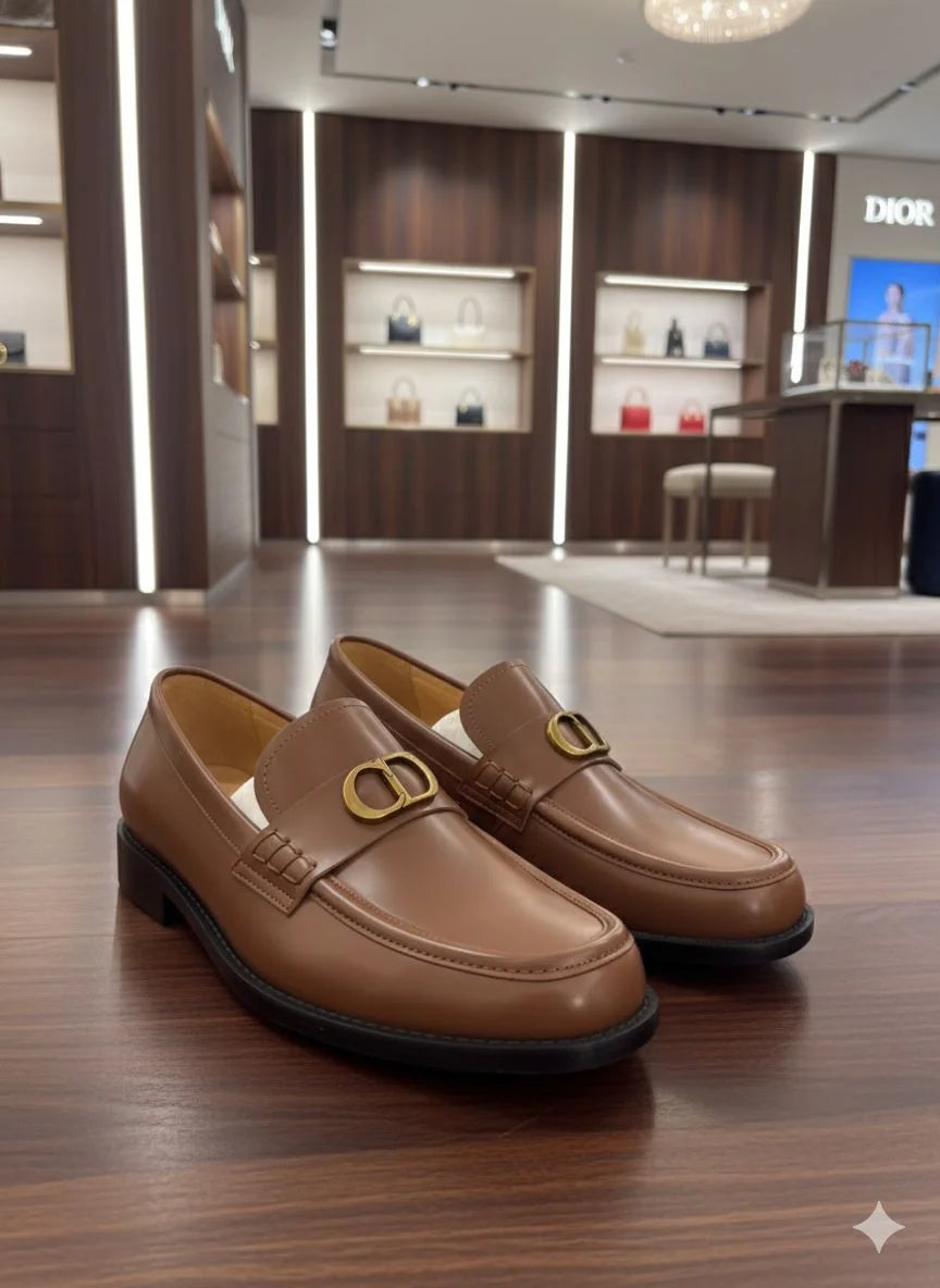 CHRISTIAN DIOR || Dior Boy Loafers in Cognac Leather with Gold-Finish CD Signature - FASHION MYST