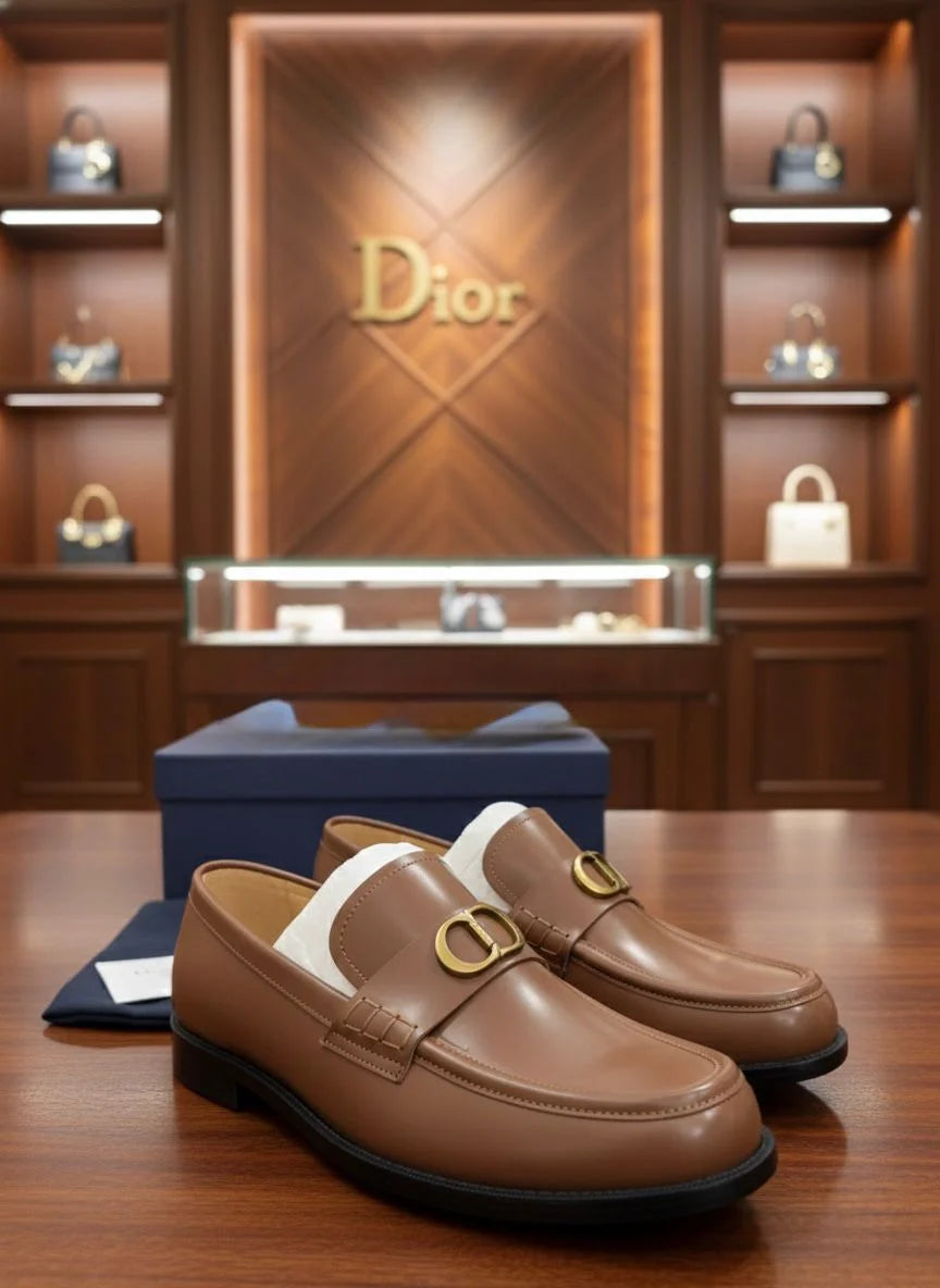 CHRISTIAN DIOR || Dior Boy Loafers in Cognac Leather with Gold-Finish CD Signature - FASHION MYST