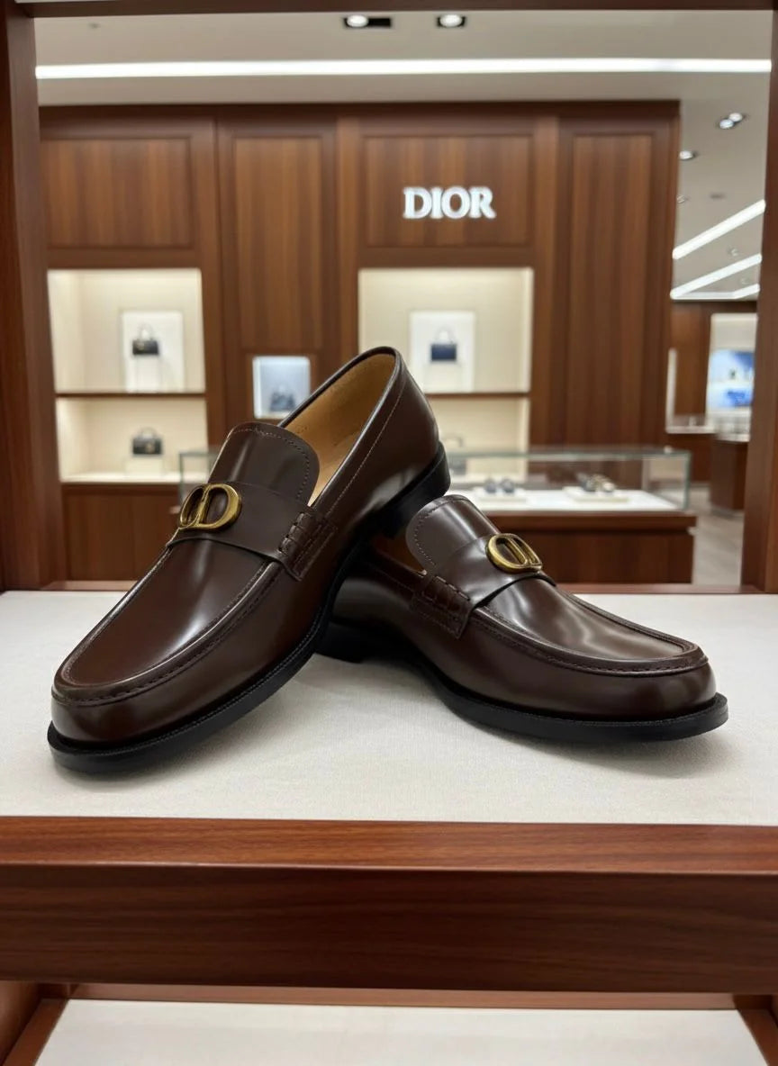 CHRISTIAN DIOR || Men's Brown Smooth Leather Loafers with Gold-Finish CD Buckle - FASHION MYST