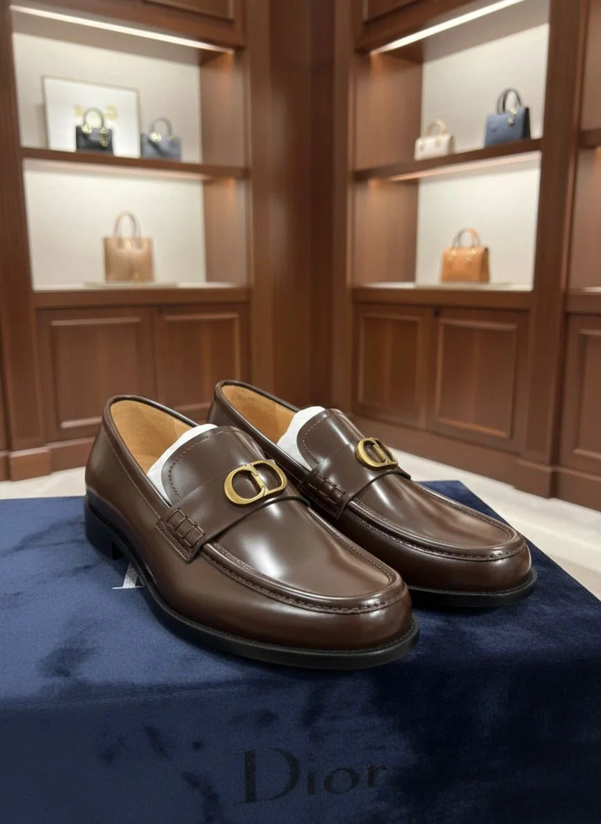 CHRISTIAN DIOR || Men's Brown Smooth Leather Loafers with Gold-Finish CD  Buckle