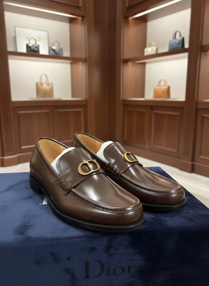 CHRISTIAN DIOR || Men's Brown Smooth Leather Loafers with Gold-Finish CD Buckle - FASHION MYST