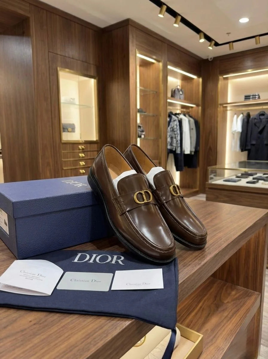 dior men's dress shoes CHRISTIAN DIOR || Men's Brown Smooth Leather Loafers with Gold-Finish CD  Buckle