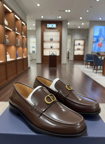 CHRISTIAN DIOR || Men's Brown Smooth Leather Loafers with Gold-Finish CD Buckle - FASHION MYST