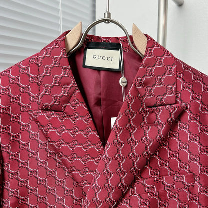 GUCCI || Men’s Red & Black GG Supreme Monogram Blazer Jacket