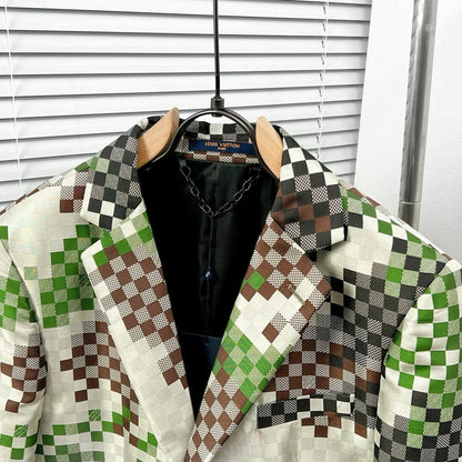 LOUIS VUITTON || Men’s Green and Earth-Tone Pixelated Damier Pattern Blazer