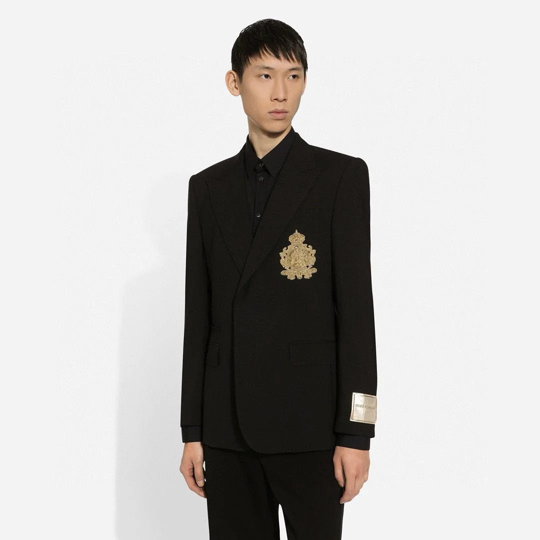 DOLCE & GABBANA || Black Slim-Fit Blazer and Trousers Set with Metallic Logo Patch & Gold Crest
