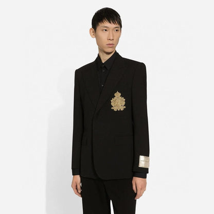 DOLCE & GABBANA || Black Slim-Fit Blazer and Trousers Set with Metallic Logo Patch & Gold Crest