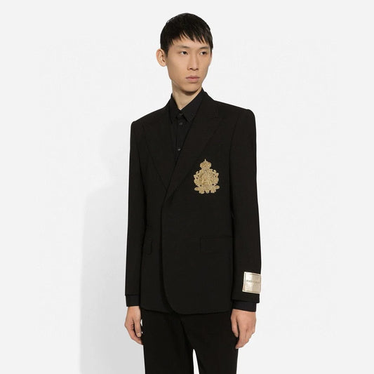 DOLCE & GABBANA || Black Slim-Fit Blazer and Trousers Set with Metallic Logo Patch & Gold Crest