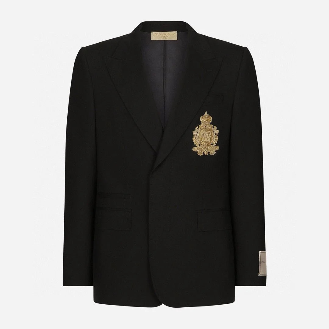 DOLCE & GABBANA || Black Slim-Fit Blazer and Trousers Set with Metallic Logo Patch & Gold Crest