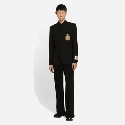 DOLCE & GABBANA || Black Slim-Fit Blazer and Trousers Set with Metallic Logo Patch & Gold Crest