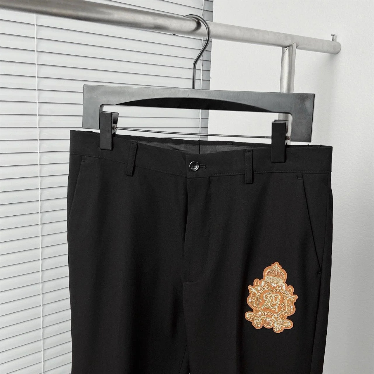 DOLCE & GABBANA || Black Slim-Fit Blazer and Trousers Set with Metallic Logo Patch & Gold Crest