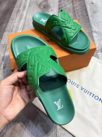 LOUIS VUITTON || Monogram Embossed Green Leather Waterfront Mules