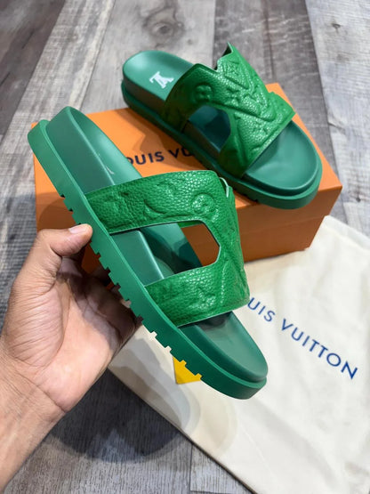 LOUIS VUITTON || Monogram Embossed Green Leather Waterfront Mules
