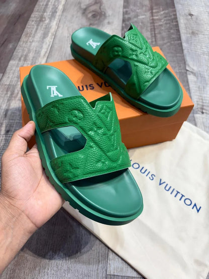 LOUIS VUITTON || Monogram Embossed Green Leather Waterfront Mules