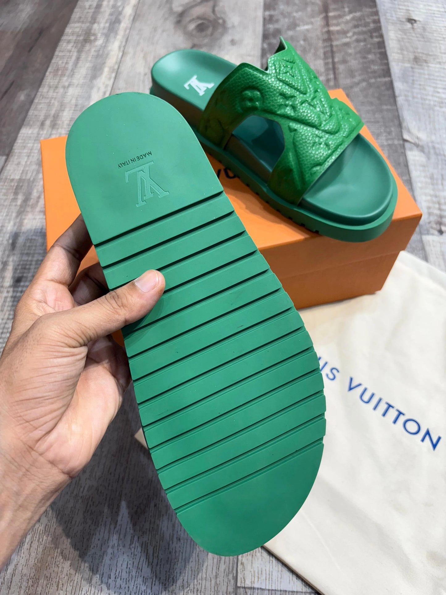 LOUIS VUITTON || Monogram Embossed Green Leather Waterfront Mules