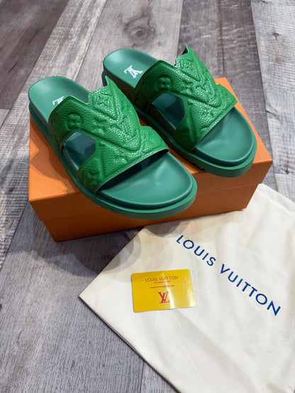 LOUIS VUITTON || Monogram Embossed Green Leather Waterfront Mules
