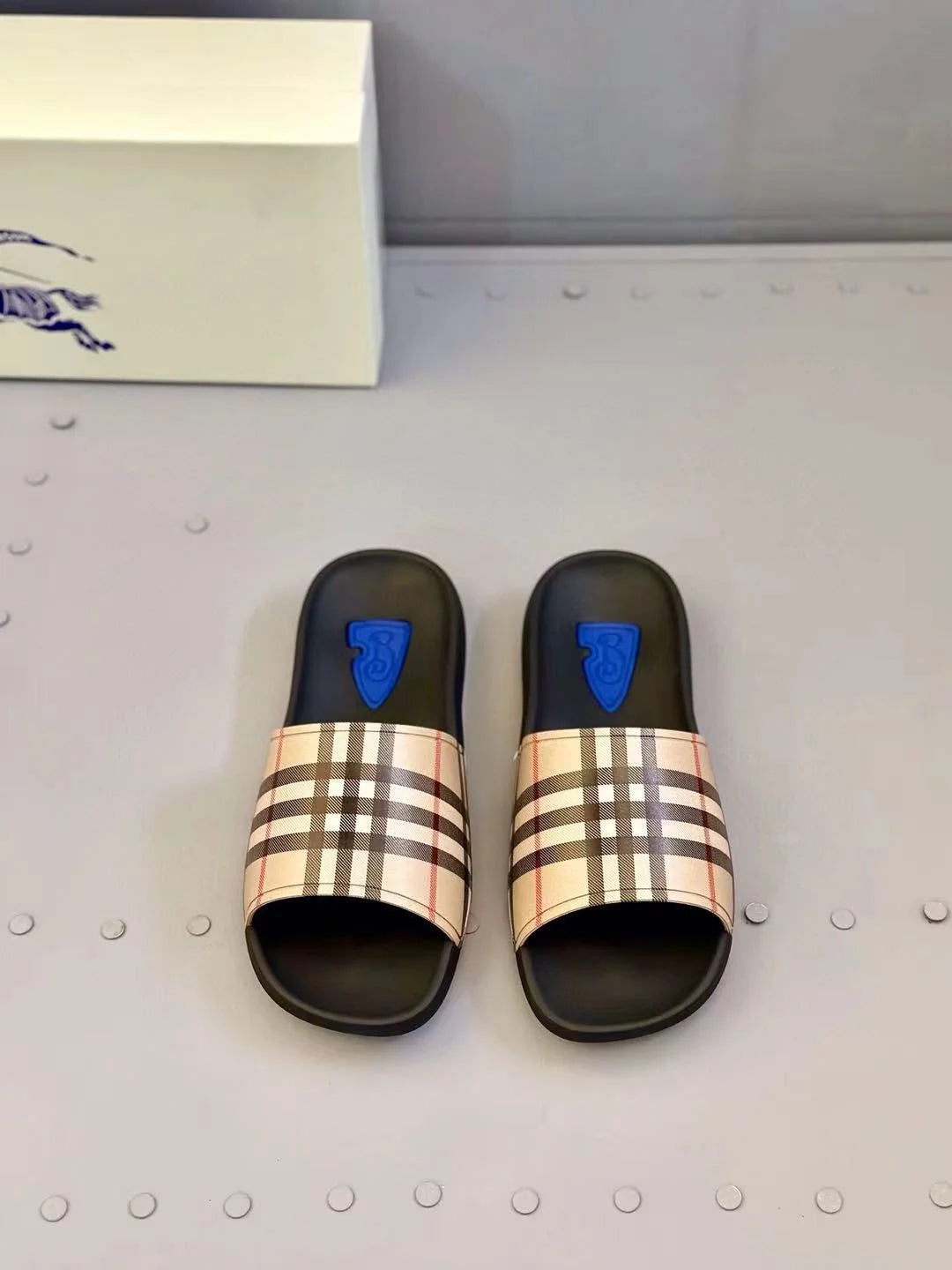 BURBERRY || Vintage Check Slides with Blue Logo Inset - Luxury Men’s/Unisex Sandals