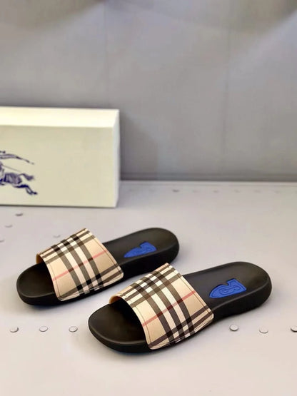 BURBERRY || Vintage Check Slides with Blue Logo Inset - Luxury Men’s/Unisex Sandals