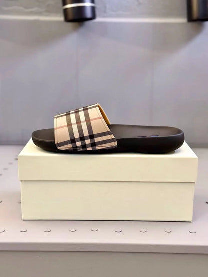 BURBERRY || Vintage Check Slides with Blue Logo Inset - Luxury Men’s/Unisex Sandals