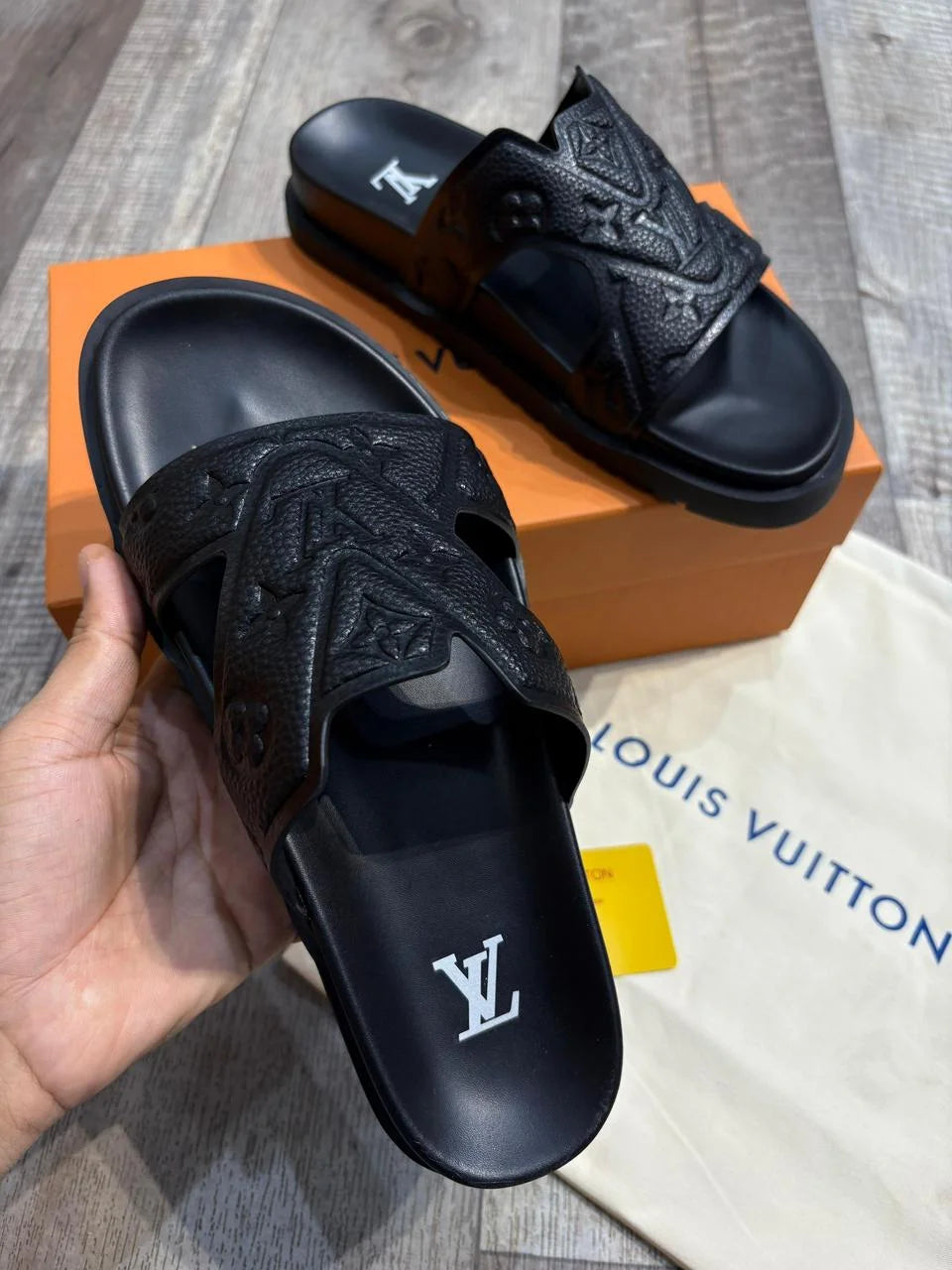 LOUIS VUITTON || Waterfront Mule – Monogram Embossed Black Rubber Sandals