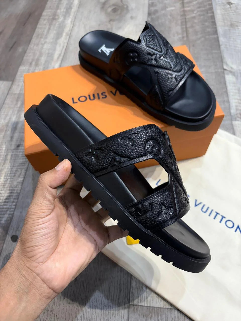 LOUIS VUITTON || Waterfront Mule – Monogram Embossed Black Rubber Sandals