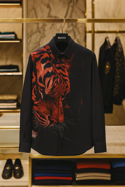GUCCI || Men’s Black Silk Shirt with Oversized Crimson Tiger Print