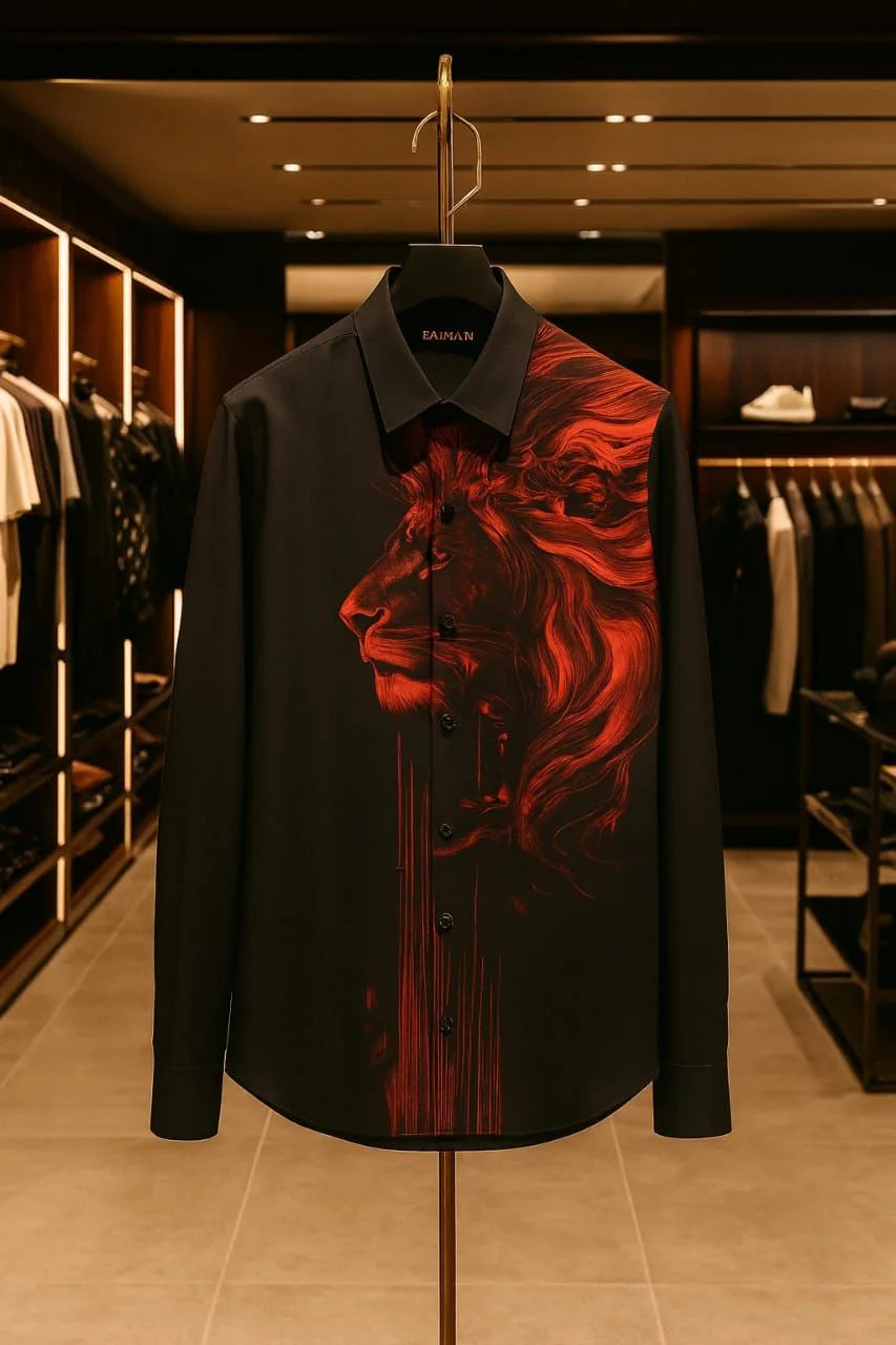 BALMAIN || Men’s Slim-Fit Black Poplin Shirt with Red Lion Motif Print