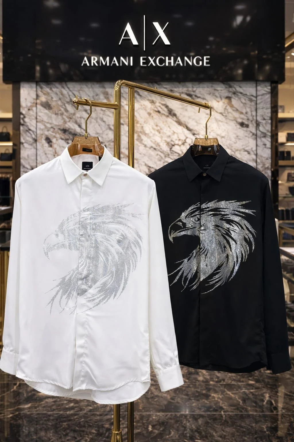 ARM*NI EXCH*NGE || Men's Long-Sleeve Shirt with Metallic Silver Eagle Graphic