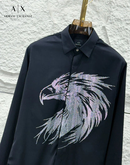 ARM*NI EXCH*NGE || Men's Long-Sleeve Shirt with Metallic Silver Eagle Graphic