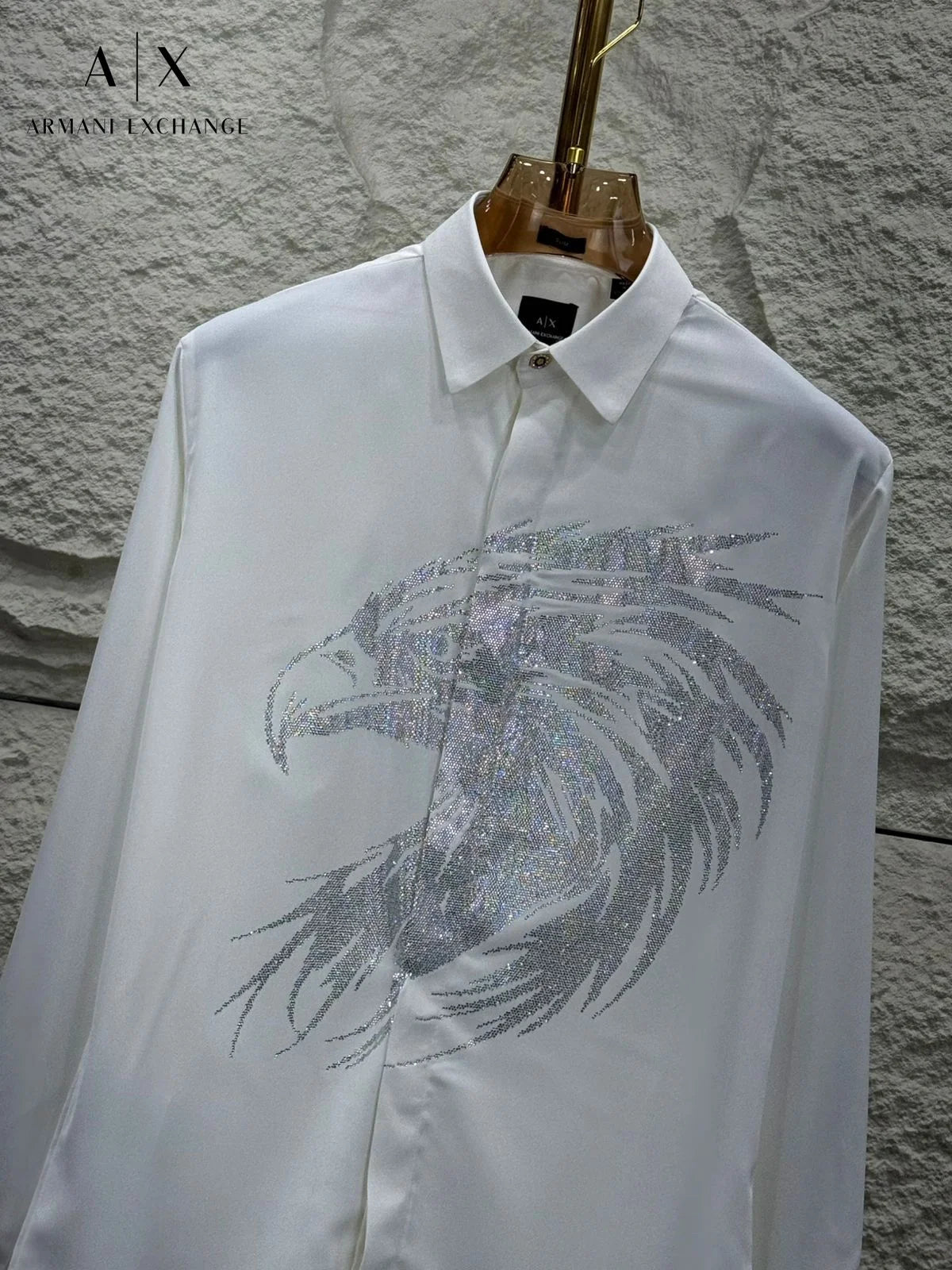 ARM*NI EXCH*NGE || Men's Long-Sleeve Shirt with Metallic Silver Eagle Graphic