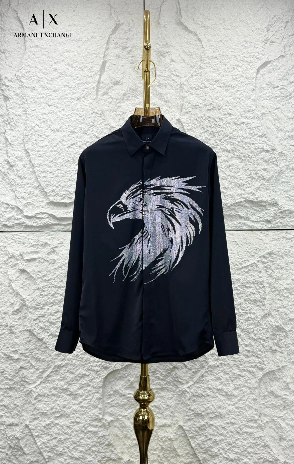 ARM*NI EXCH*NGE || Men's Long-Sleeve Shirt with Metallic Silver Eagle Graphic