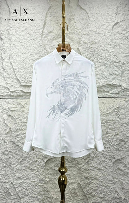 ARM*NI EXCH*NGE || Men's Long-Sleeve Shirt with Metallic Silver Eagle Graphic