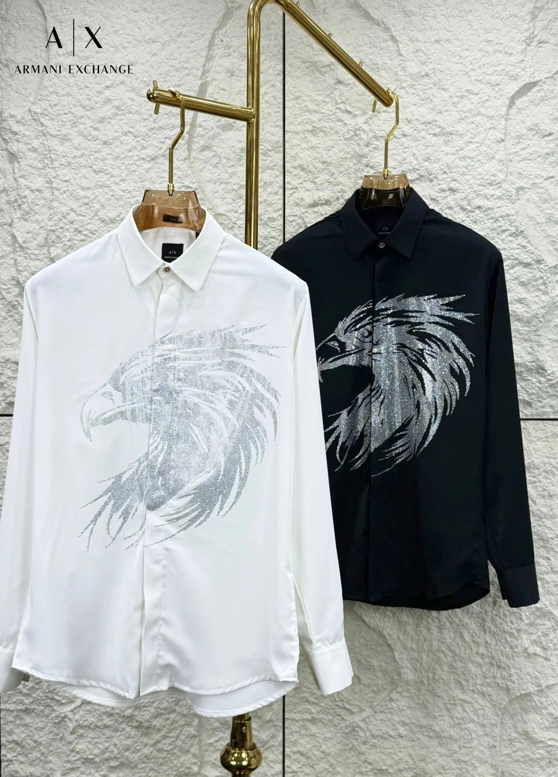 ARM*NI EXCH*NGE || Men's Long-Sleeve Shirt with Metallic Silver Eagle Graphic