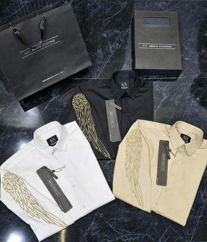 ARM*NI EXCH*NGE || Men's Wing Embroidered Long-Sleeve Slim Fit Shirt