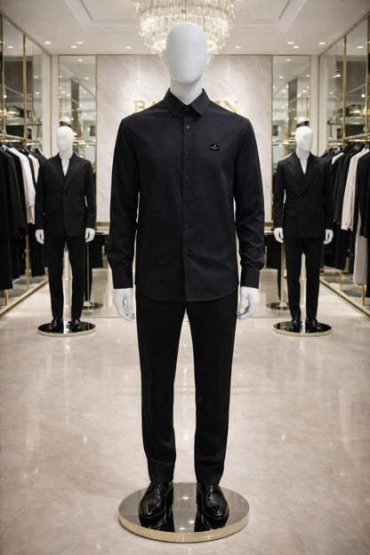 BALMAIN || Men’s Luxury Long-Sleeve Dress Shirt with Branded Metal Chest Badge