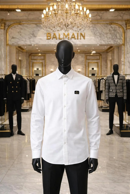 BALMAIN || Men’s Luxury Long-Sleeve Dress Shirt with Branded Metal Chest Badge